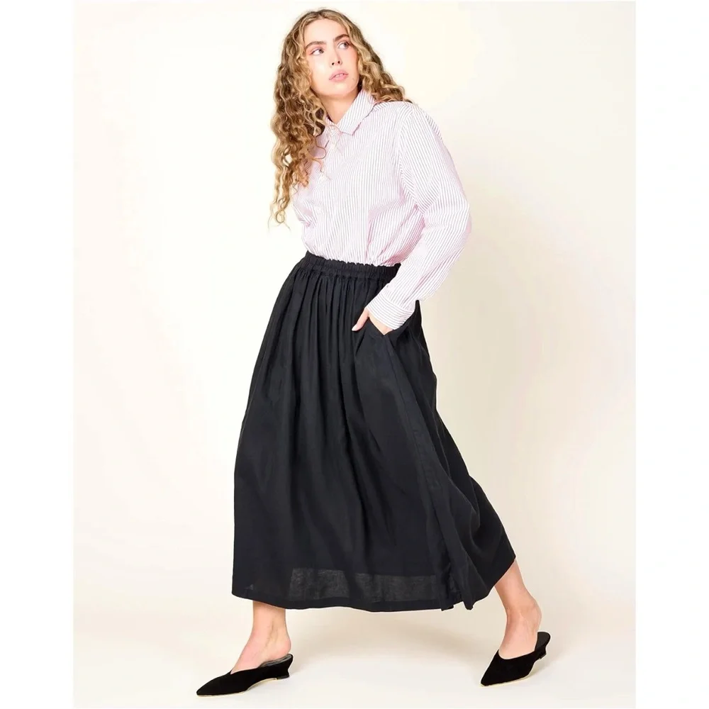 NWOT ICHI Color Linen Skirt - Black Linen Gathered Fully Lined Midi Maxi Skirt